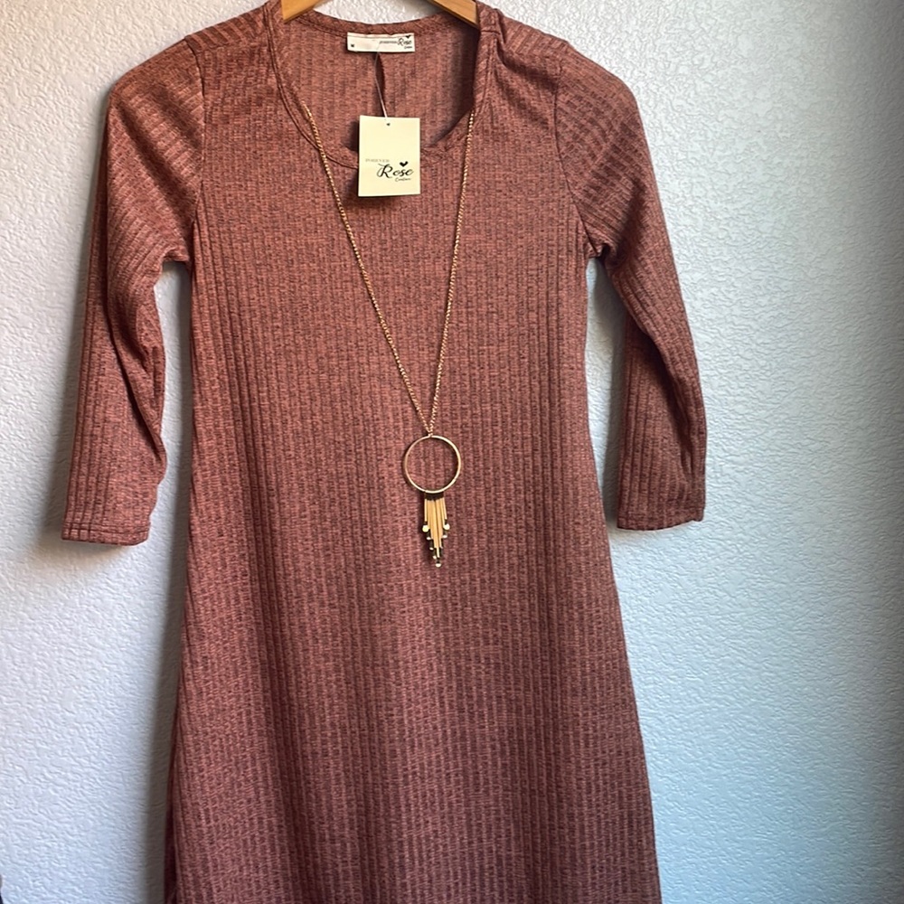 Orange Long Sleeve Dress with Gold Necklace